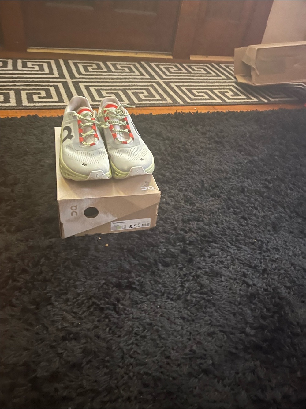 On Running Woman Sneakers in Light Gray with Green and Red Accents